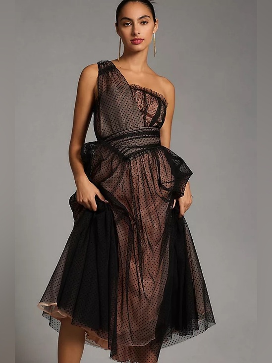 Anthropologie Dresses & Skirts - Anthropologie Black Polka Dot Tulle One Shoulder Maxi Dress Size 6 Formal NWT